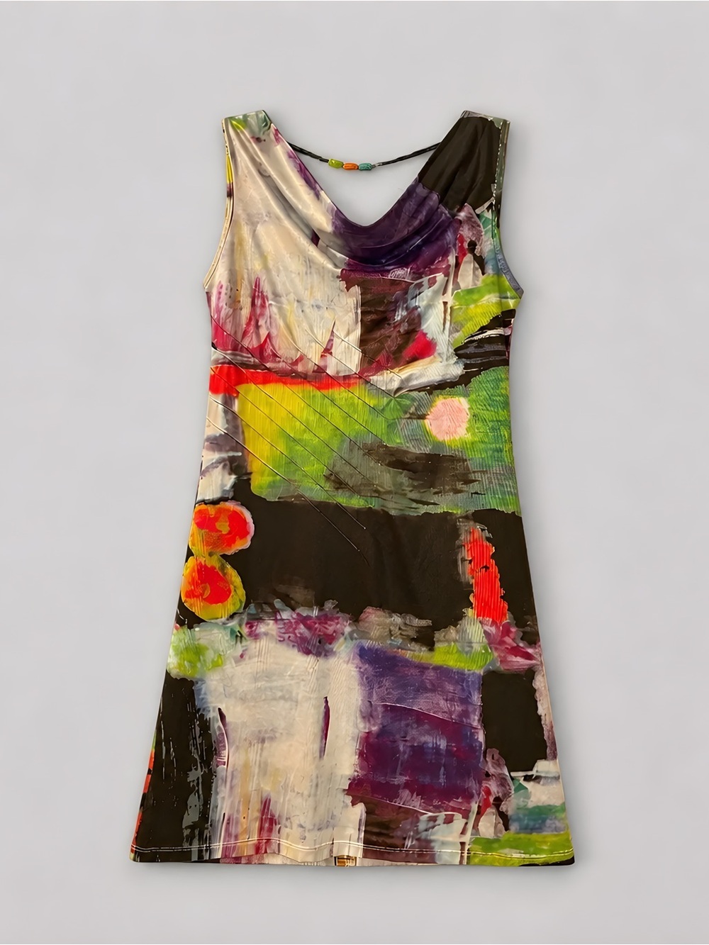 Dolcezza Abstract Art Print Sleeveless Dress Cowl Neck Pintuck Detail, Size S - Picture 3 of 5